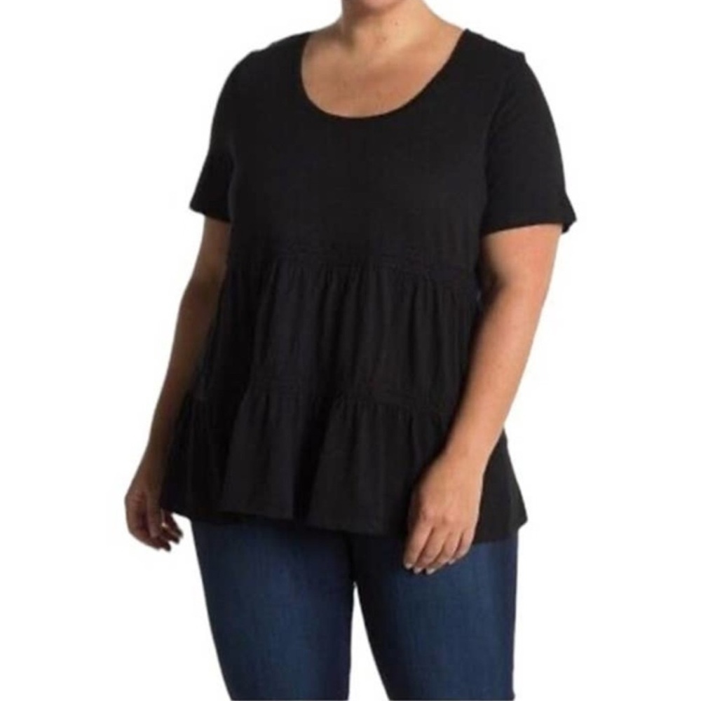 Caslon‎ Women’s Black Cotton Modal Lace Trim Scoop Neck Tiered Peplum T-Shirt XL